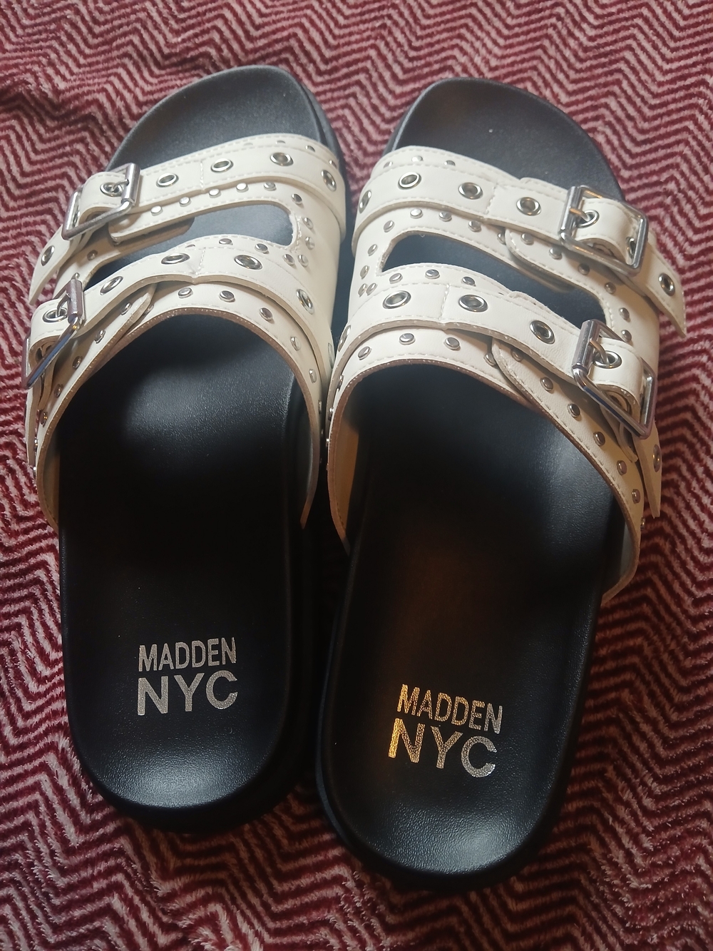 Madden NYC Women's White Studded Buckle  Adjustable Slide Sandals